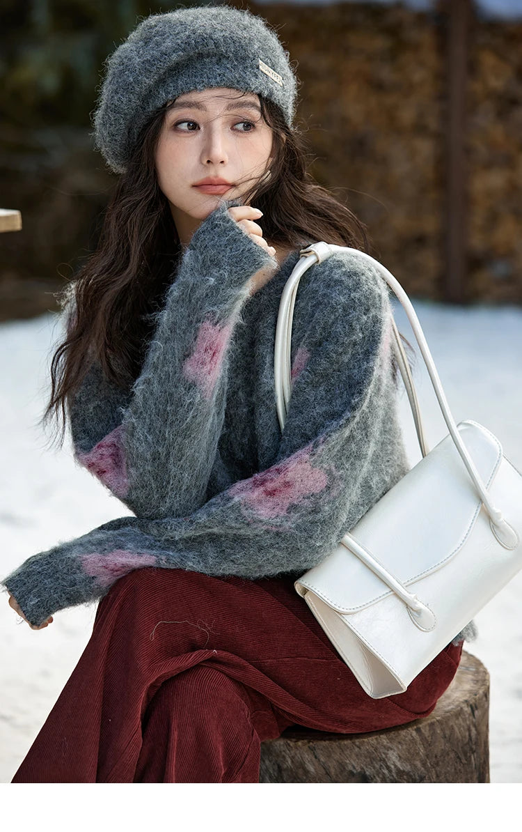 MISHOW Wool Yarn Plush Fur Flower O-Neck Pullover Knitted Sweater Women Clothes Warm Versatile Long-sleeved Tops MXD56Z1001