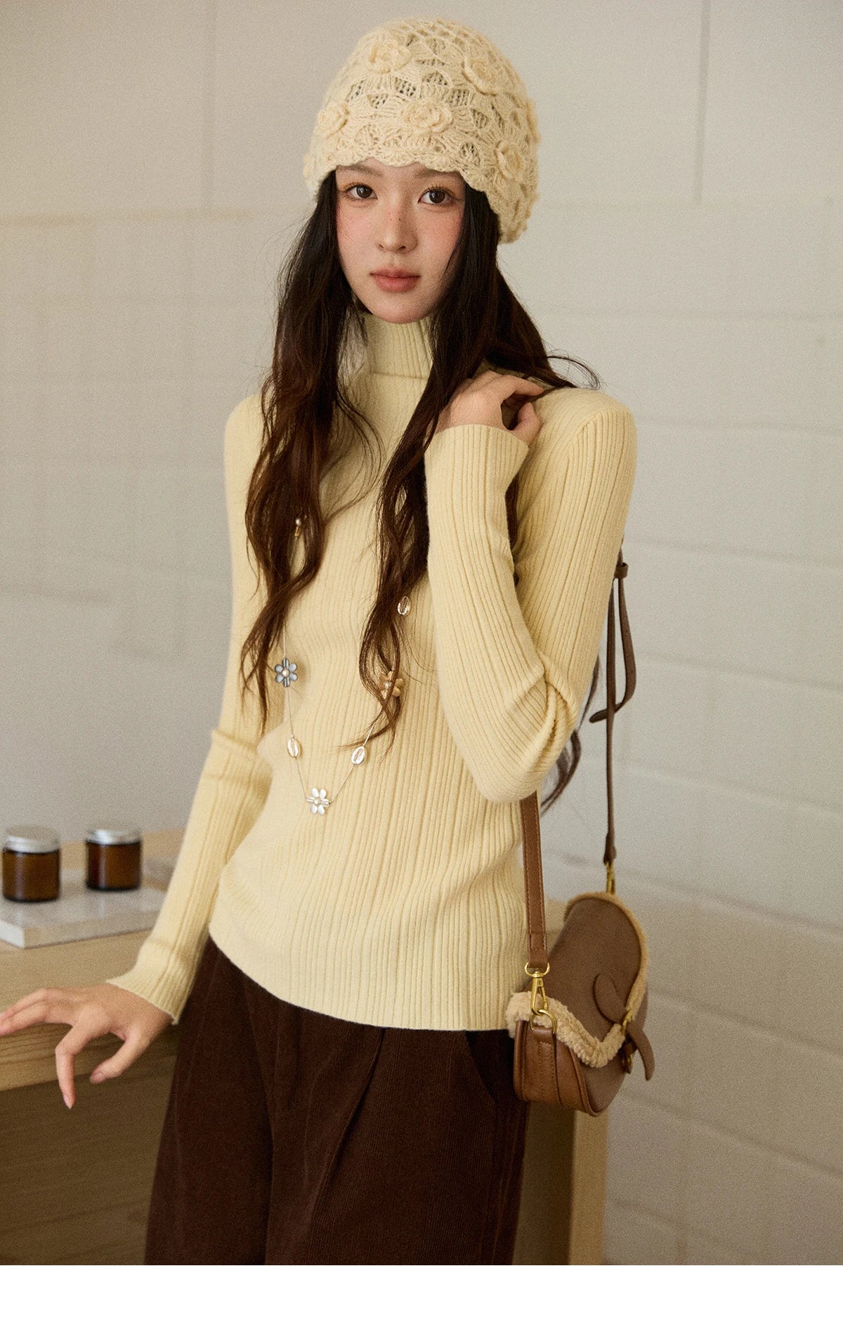 MISHOW Women's Long-sleeved Tops 2025 Winter Simple Solid Turtleneck Sweater Vertical Ribbed Slim Fit Casual Top MXE86Z2656