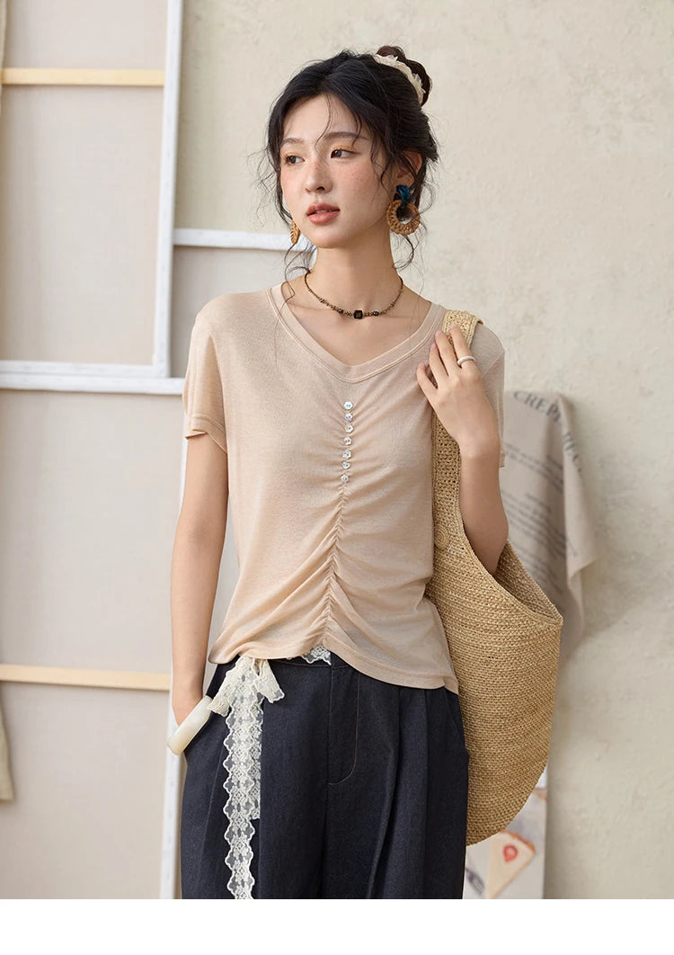 MISHOW V-neck Short Sleeve T-shirt Summer 2025 Mid Front Elastic Fold Single Row Shell Button Tees Casual Slim Tops MXE34T0560