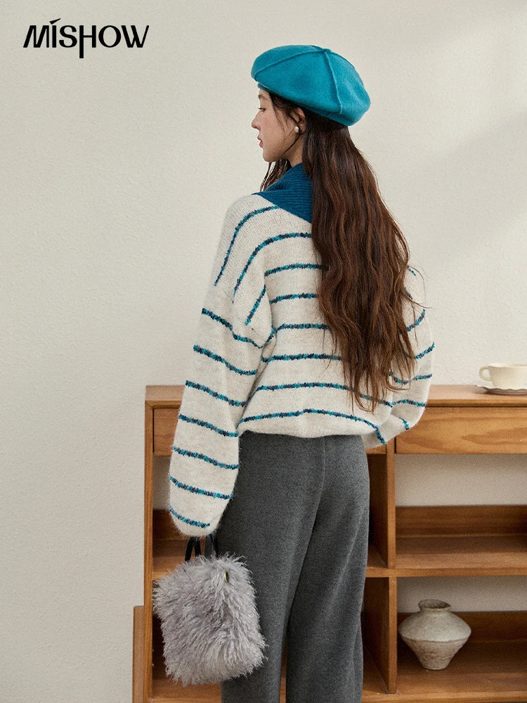 MISHOW Women's Blue Striped Sweater 2025 New Alpaca Wool Shawl Scarf Set Retro Loose Casual Knit Top Winter Clothes MXE90Z2821