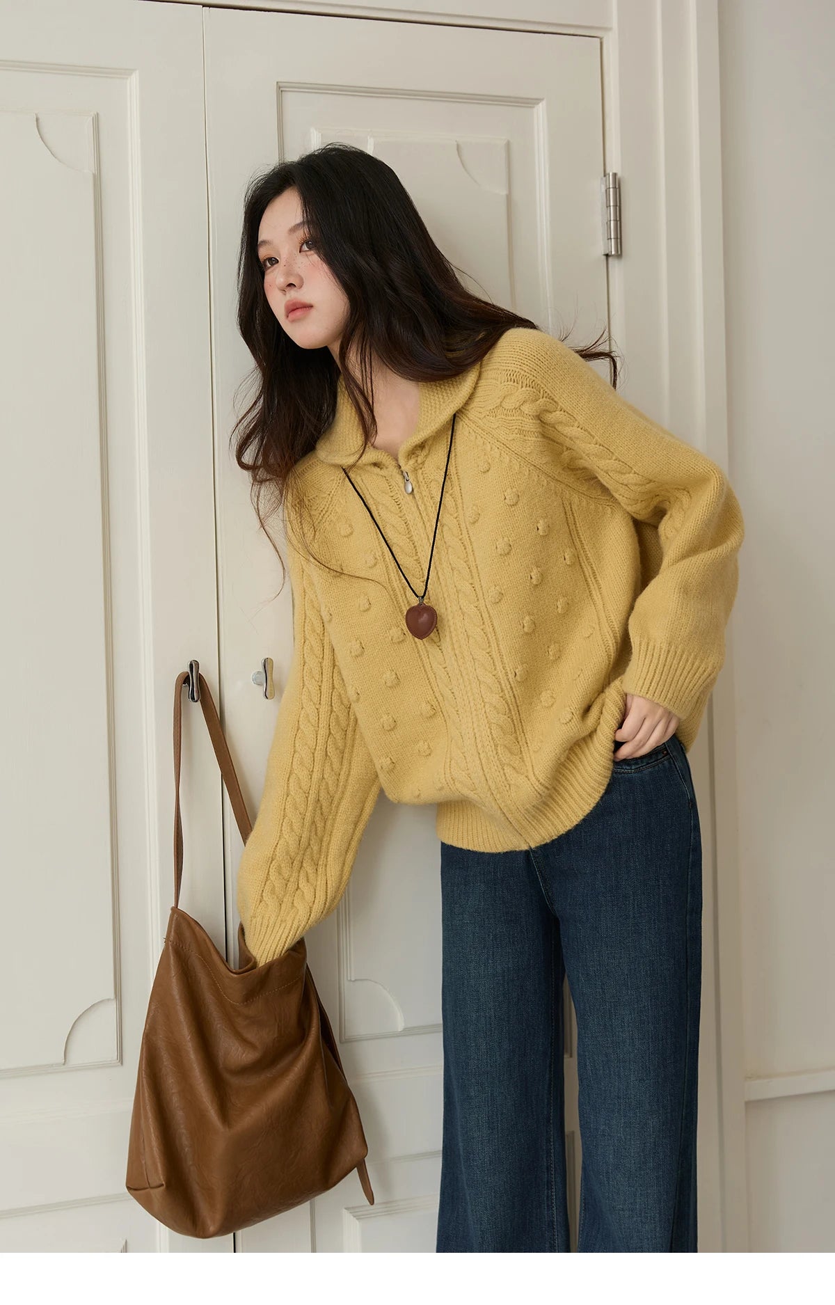 MISHOW Zipper Knit Cardigan Women 2025 Winter Yellow Turn-down Collar Loose Thick Sweater Luxury Comfort Casual Top MXE49Z2619