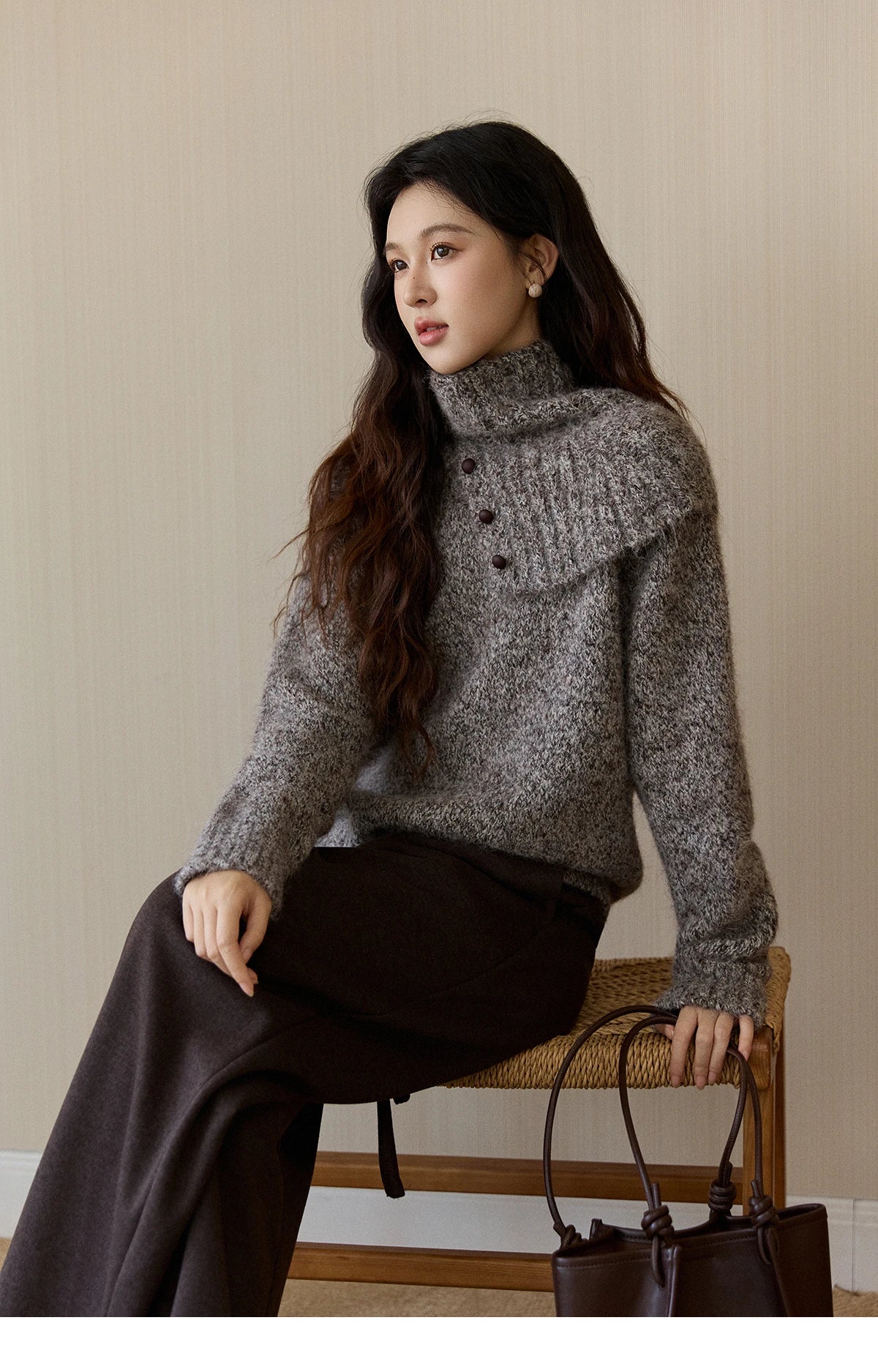 MISHOW Women's Gray Knit Sweater with Neckwear Scarf 2025 Winter Textured Button Decor Loose Warm Pullover Sweater MXE94Z2978