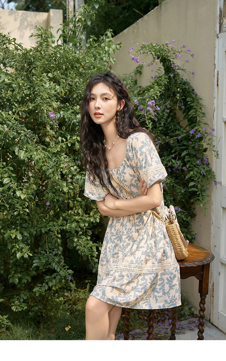 MISHOW French Floral Printing Dress for Women 2024 Summer Vacation U Neck Lace-up Bubble Sleeve Loose Doll Dresses MXD27L1898