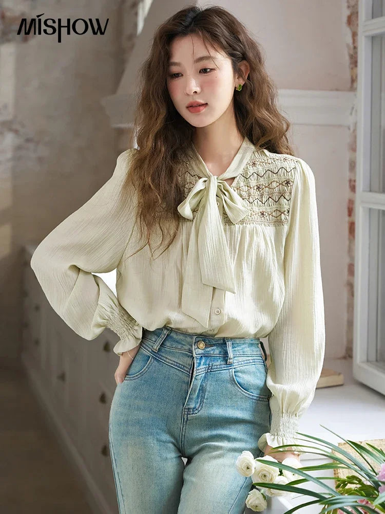 MISHOW Ribbon Collar Shirt for Women Autumn 2025 Sweet Cuffs Pleated Embroidered Petal Sleeve Loose Top Office Lady MXD14C0226