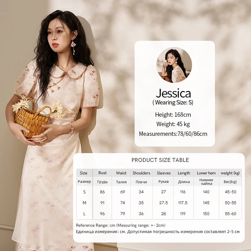 MISHOW Chinese Doll Collar Dresses 2024 Summer Improved Cheongsam Waist Pink Bamboo Printing Splicing Mesh Midi Dress MXD22L1829