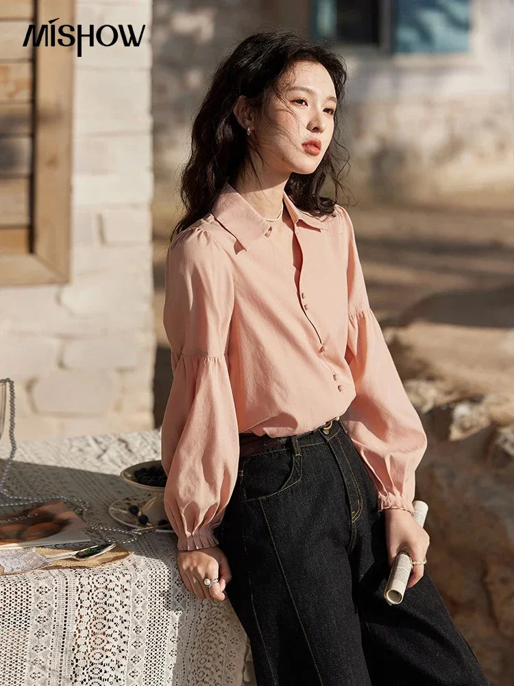 MISHOW French Polo Neck Long Sleeve Shirt Women's Spring Summer 2025 Elegant Sweet Cute Casual Tops Solid Shirts MXE11C0388