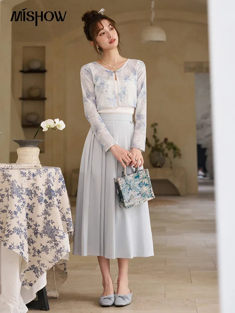 MISHOW Elegant Hollow Out Cardigan Camisole Skirt Separately Spring Lace Printing Short Cardigans Solid Pleated Skirt MXD12W0342