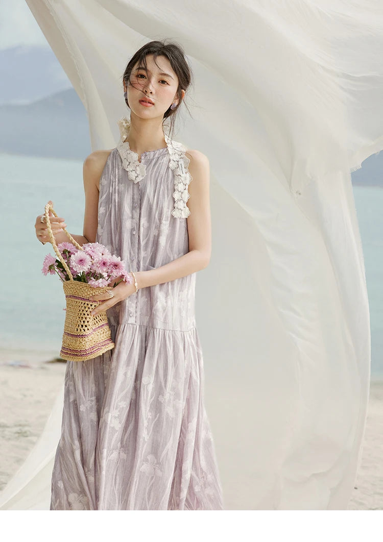 MISHOW Purple Print Chiffon Holiday Dress Women 2025 Summer Sleeveless Stand Collar Slim Dresses Woman New Fashion MXE32L2163