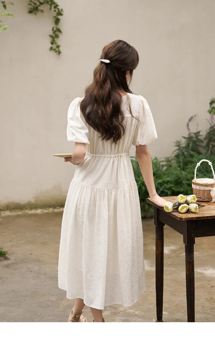 MISHOW French Draw String Waist Dress 2023 Summer Short Sleeve A-LINE Puff Sleeve O-Neck Pullover Elegant Solid Dress MXC38L1415