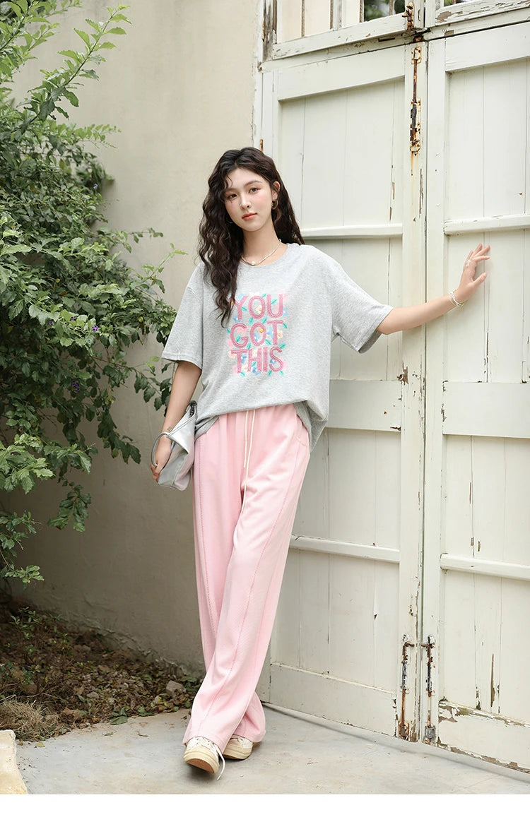 MISHOW Waffle Texture Fabric Loose Versatile Pants Summer Pocket Embroidered Elastic Waist Drawstring Casual Trouser MXD14K0608