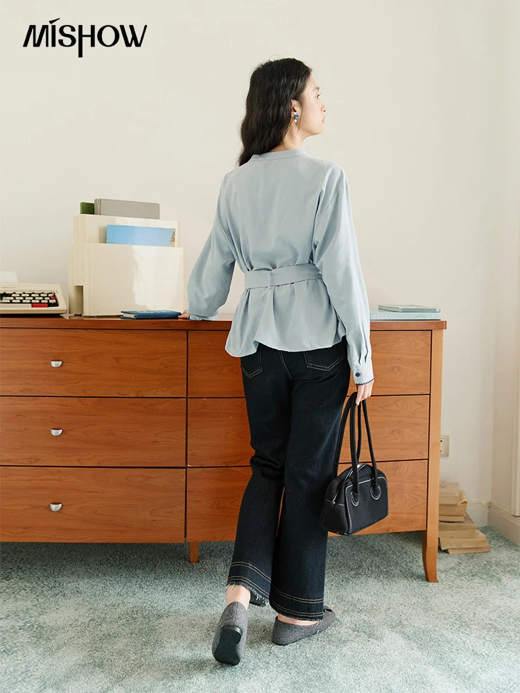 MISHOW Women's Haze Blue Peach Skin Velvet Shirt Autumn 2025 Contrast Color Design Waist Shirts Commute Versatile Top MXE47X2497