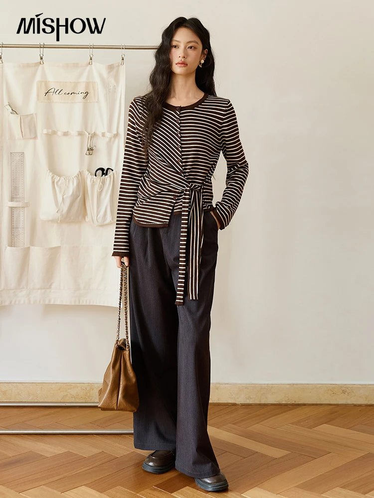 MISHOW Women's Coffee Striped Knitted Top 2025 Autumn Retro Commute Long Sleeves Loose Cardigan Sweater Women Clothes MXE46Z2537