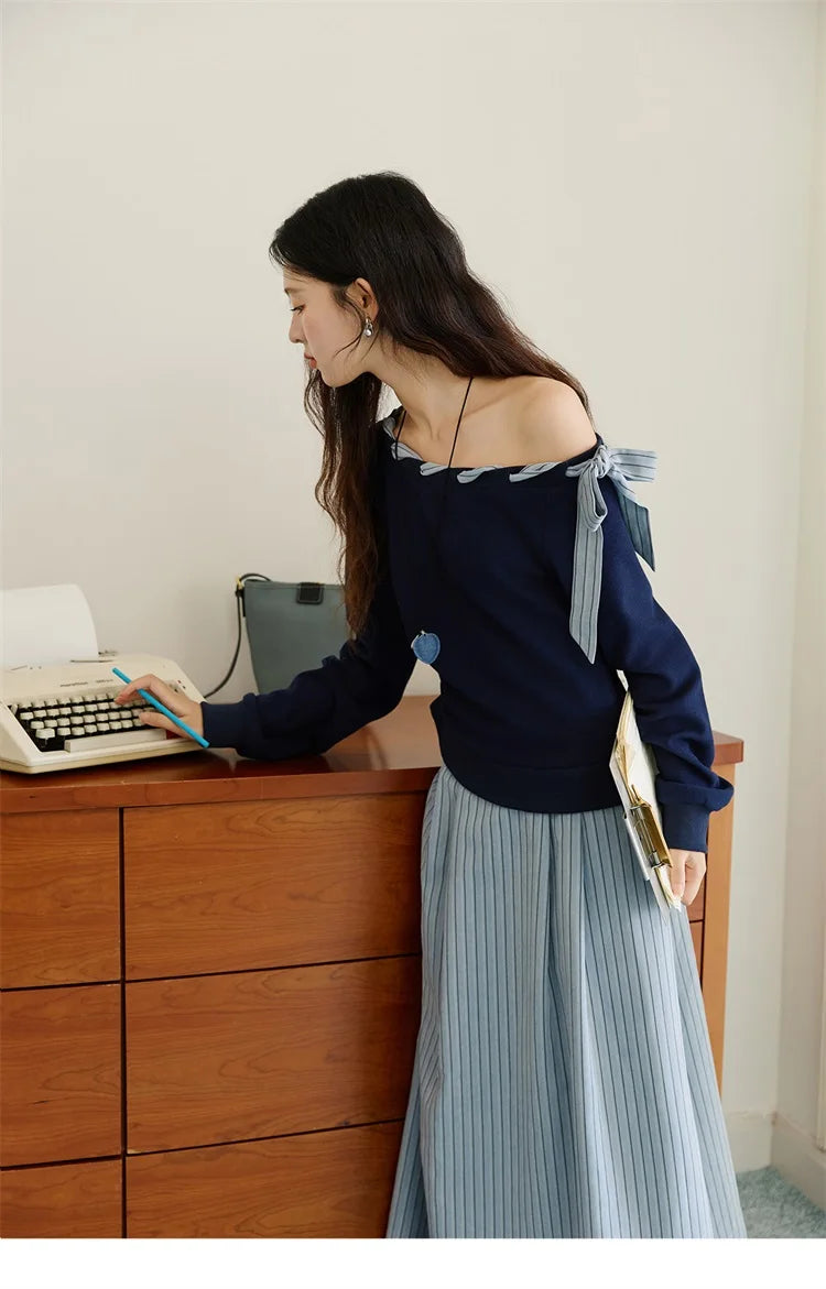 MISHOW Woman Striped Dress 2025 Autumn Blue Navy Slash Neck Contrast Lace Long-sleeved Dress Sexy Clothes for Women MXE45L2516