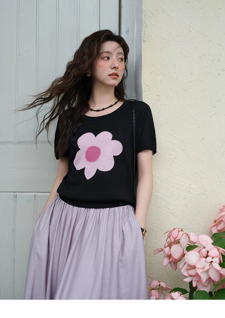 MISHOW Contrast Color Flower Knitted T-shirts for women 2025 Summer New Round Neck Top Women's Clothing Commute Tee MXE39Z1311