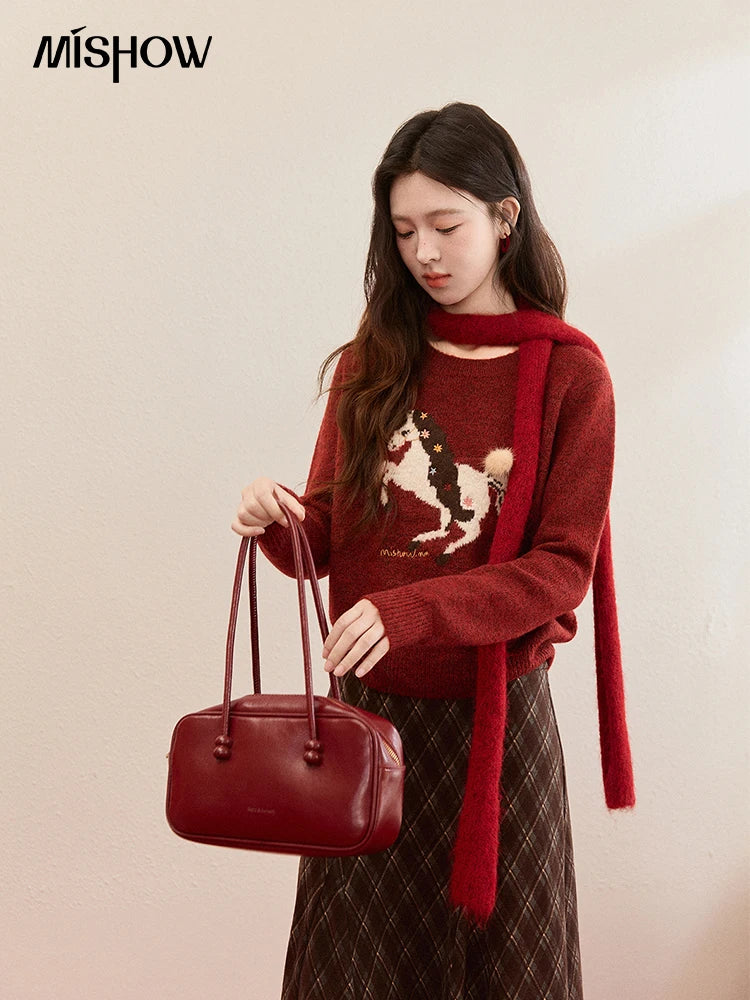 MISHOW Women's Christmas Red Jacquard Embroidered Pony Sweater 2025 Winter Thick Knitted Tops (Scarf Not Included) MXE94Z2861