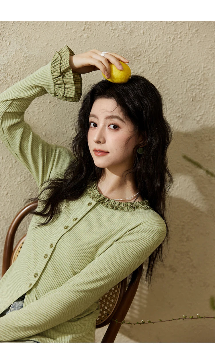 MISHOW Green Plaid Knitted Top 2025 Spring Lotus Leaf Sleeves Tees Slim Long Sleeve Curled Collar Single Breasted Top MXE14Z1152