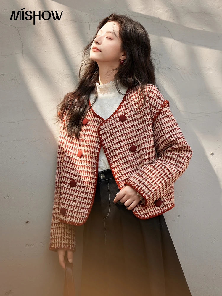 MISHOW Plaid Tweed Jacket Women Red Double Breasted Long Sleeve Tops 2024 Winter French Elegant Design Short Coat MXD56W0631