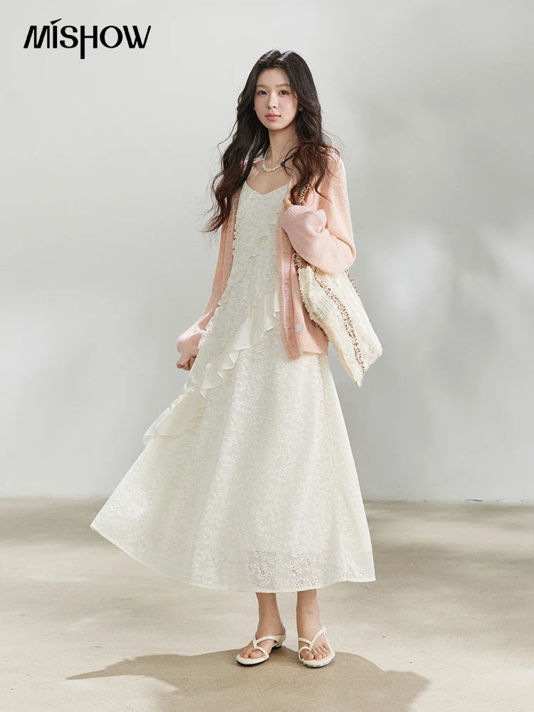 MISHOW Women's Pink Sweet Knit Cardigan 2026 Spring V-Neck Ruffled Trim Pearl Button Cardigans Loose Knitted Sweater MXF108Z1028