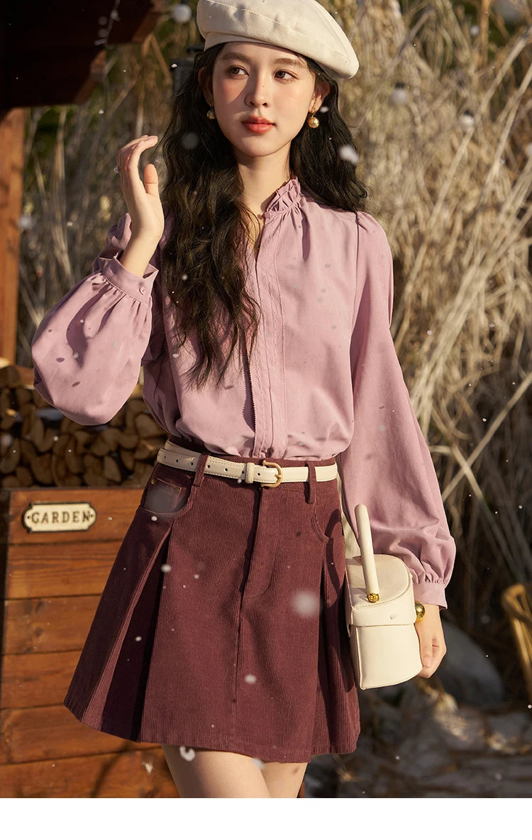 MISHOW French Autumn Winter Button Up Lantern Long Sleeve Shirts Women Ruffle Neck Thick Warm Blouse Flannel Shirt MXC56X1320