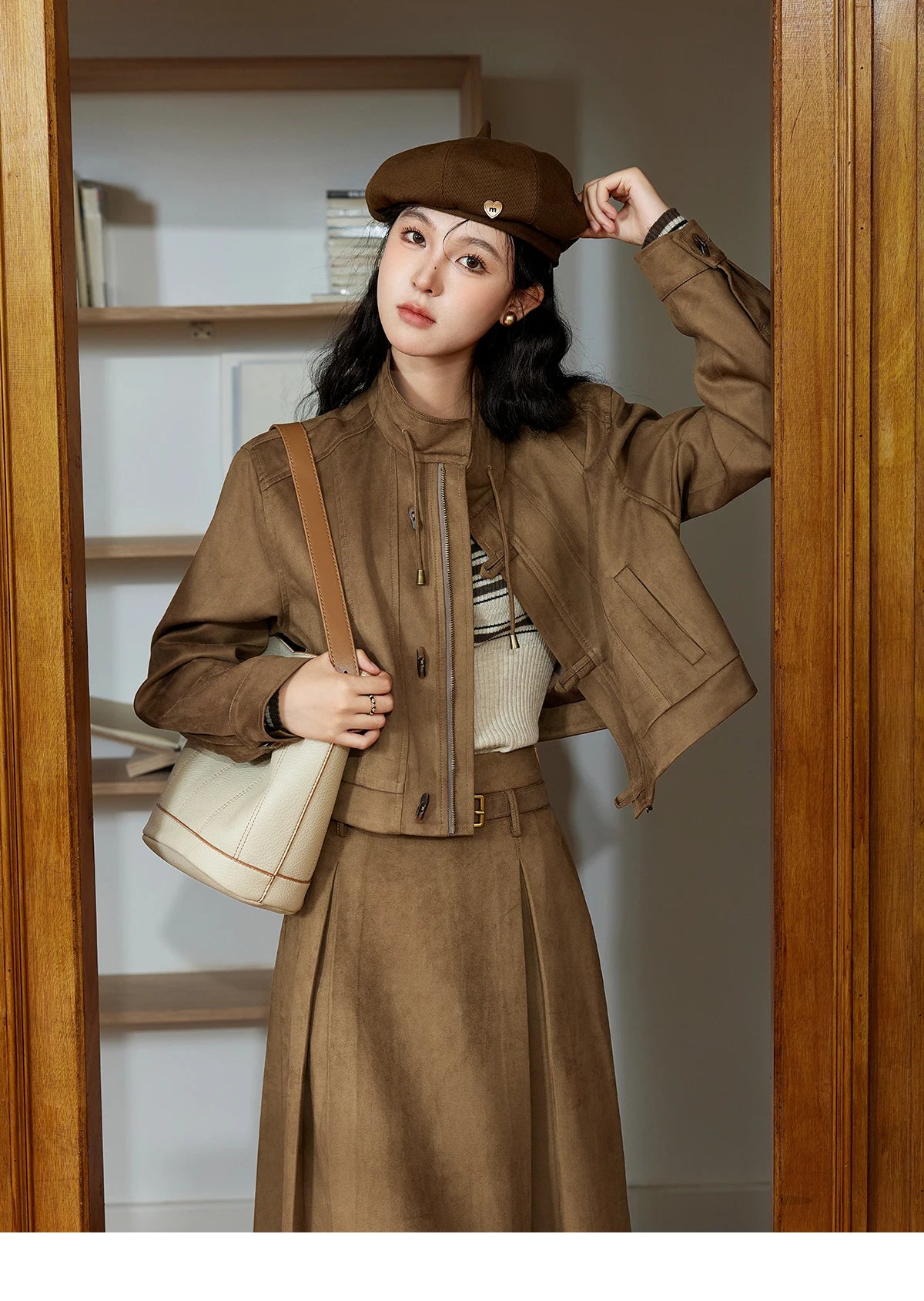 MISHOW Retro Suede Jacket Pleated Skirt Separately for Women 2024 Autumn Short Stand Neck Jacket A-line Short Skirt MXD44W0423