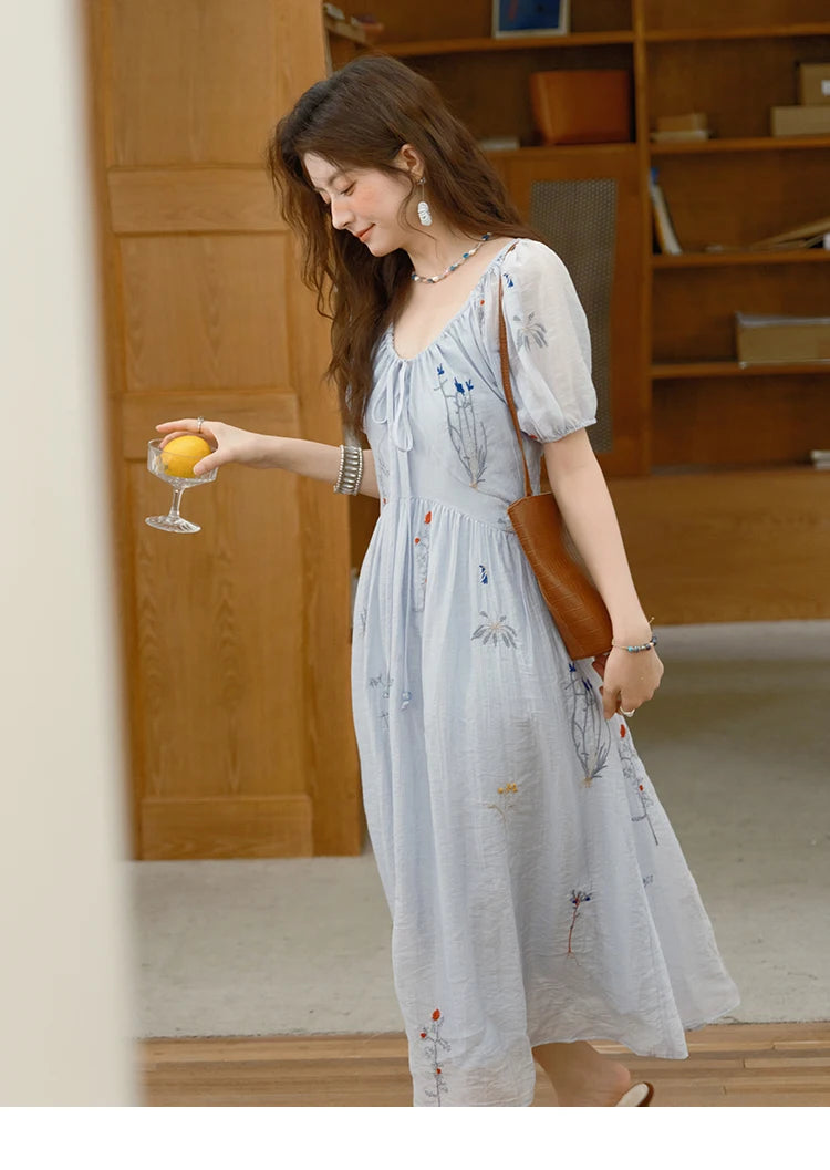 Mishow V-Neck Lace-Up Embroidery Vacation Dress MXE34L2284