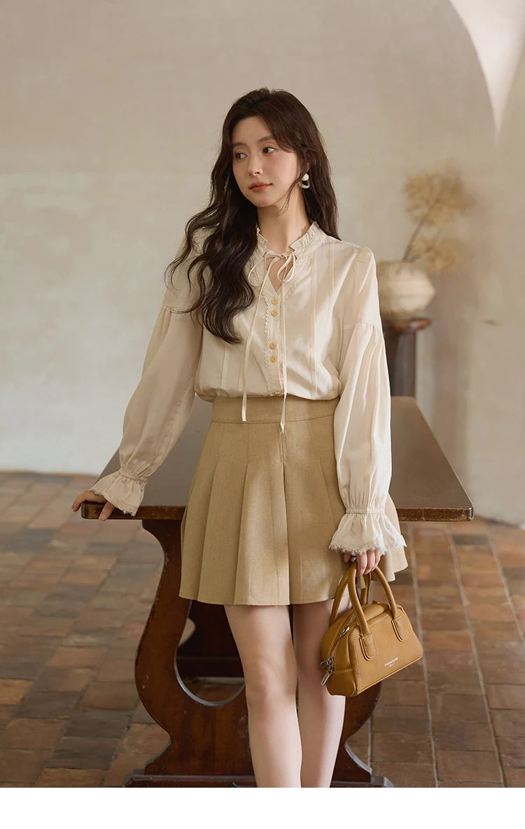 MISHOW French 100% Lyocell Apricot Shirt 2025 Autumn Flared Sleeves Lace Edges Shirts V-neck Slim Top Office Lady MXE41C2351