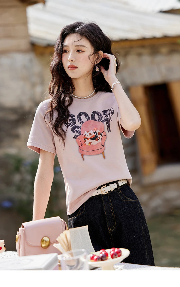 MISHOW Printed Cotton T-shirts for Women Spring 2025 Loose Slim Short Round Neck Tees Versatile Soft Casual Tops MXE13T0461