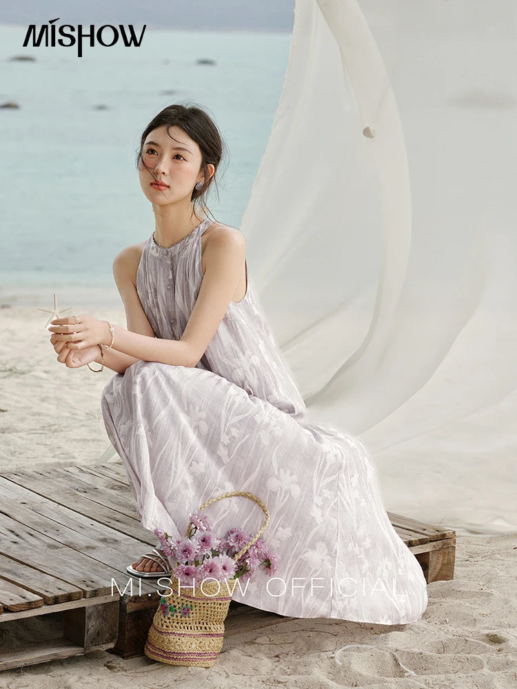 MISHOW Purple Print Chiffon Holiday Dress Women 2025 Summer Sleeveless Stand Collar Slim Dresses Woman New Fashion MXE32L2163