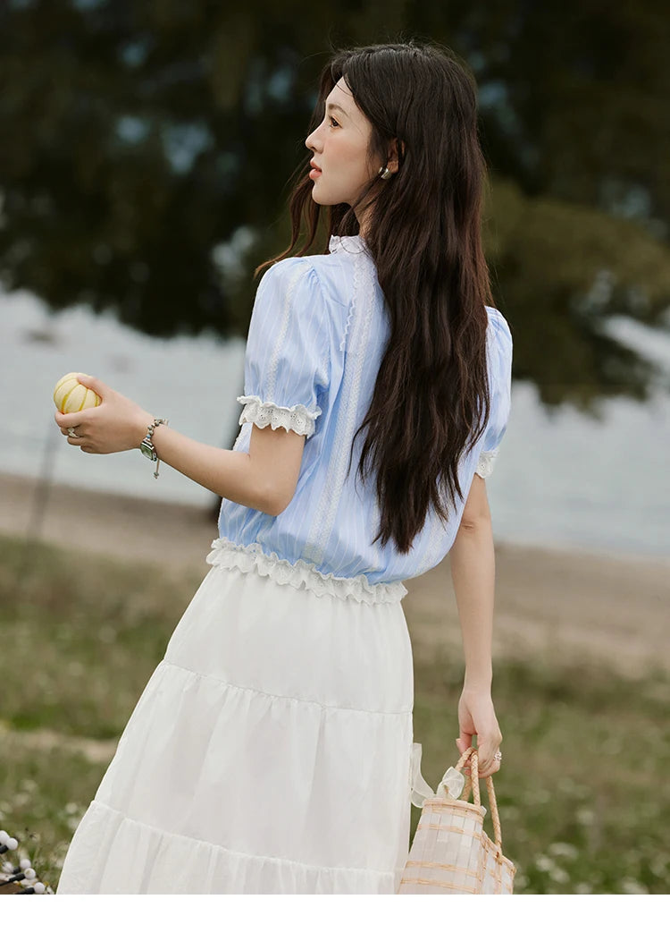 MISHOW French Striped Summer Blouses Women 2025 New Short Puff Sleeve Round Neck Lace Patchwork Shirts Fashion Tops MXE32X1759