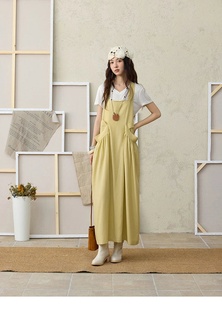MISHOW Women's Cargo Large Pocket Strap Dress 2025 Summer Lemon-yellow Sleeveless Dress Retro Square Neck Loose Dress MXE35L2302