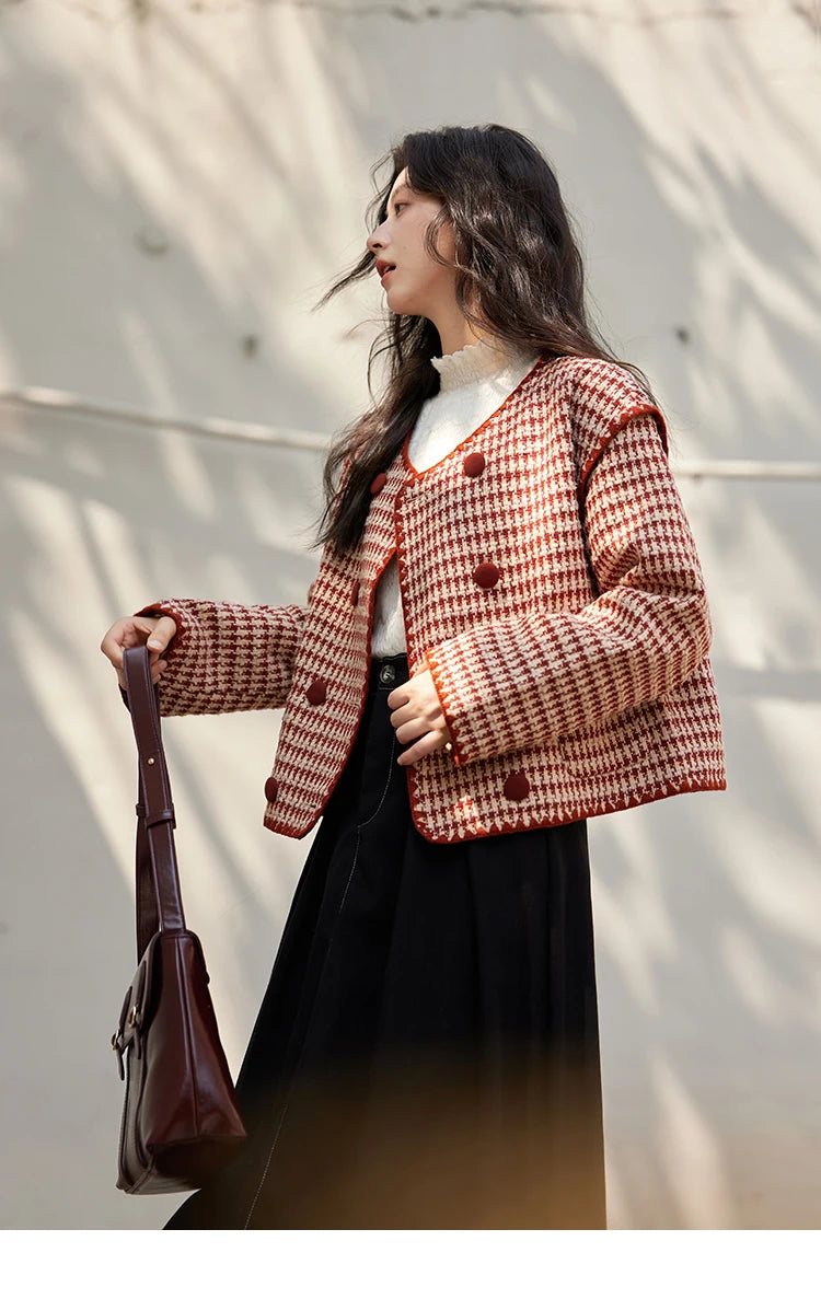 MISHOW Plaid Tweed Jacket Women Red Double Breasted Long Sleeve Tops 2024 Winter French Elegant Design Short Coat MXD56W0631