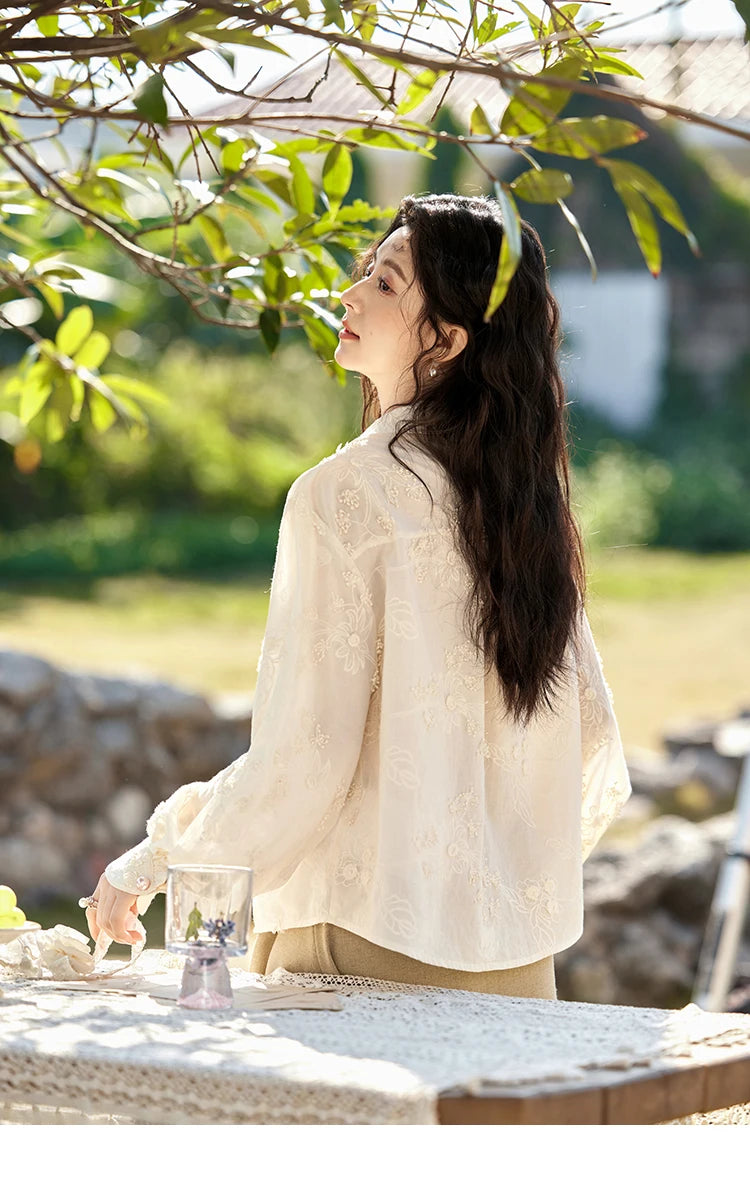 MISHOW 100Cotton Embroidered Jacquard Shirt for Women Spring 2025 Long Sleeved Loose Top Lapel Single Breasted Shirts MXE12C0391