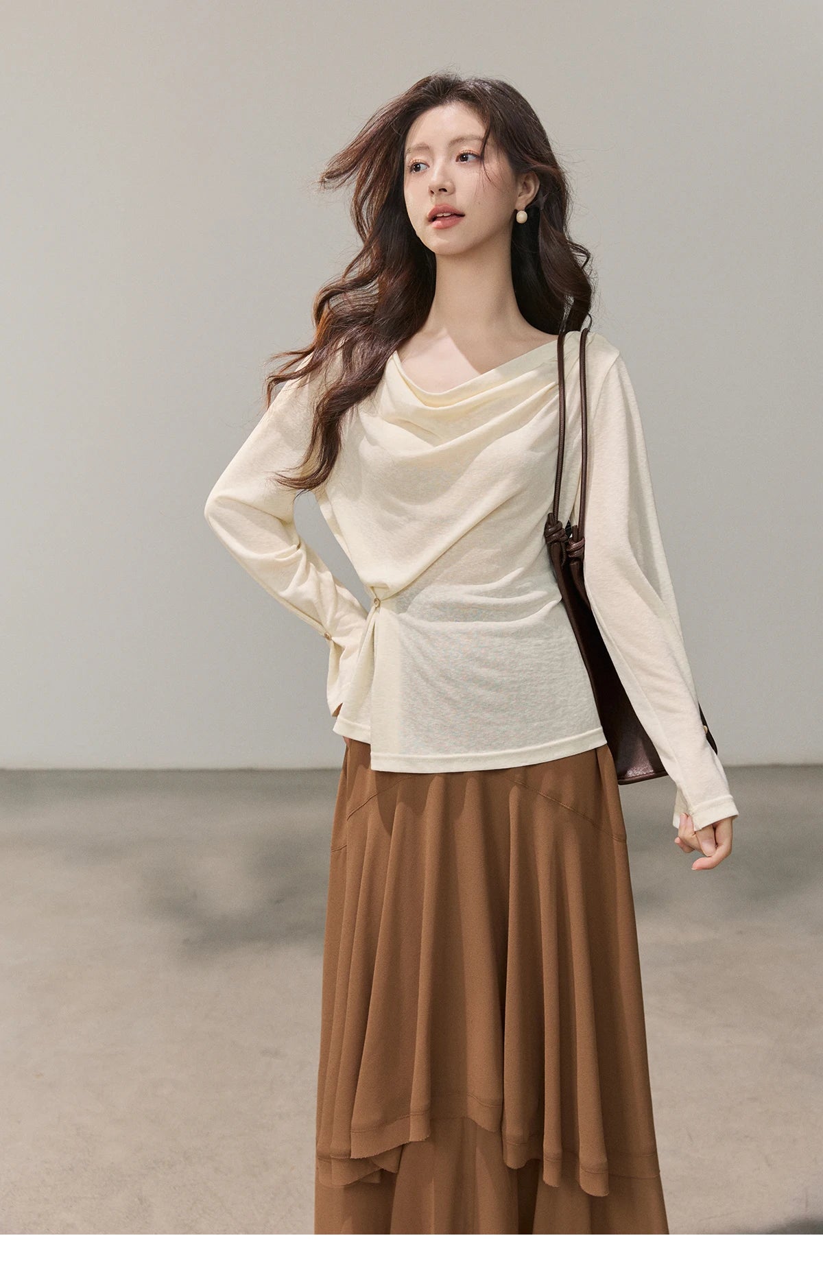 MISHOW Women's Multi Colored Knitted Top 2026 Spring Swinging Collar Flare Sleeve Top Side Twist Whist Casual T-Shirt MXF13T1473