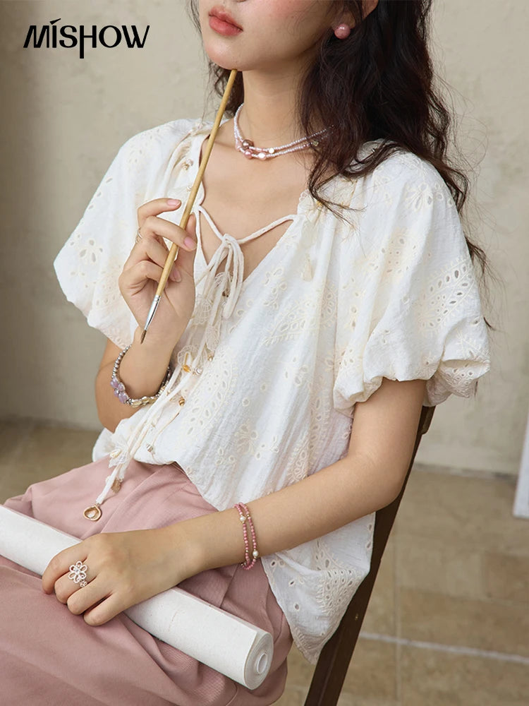 MISHOW Fashion Embroidery Jacquard Design Short Sleeve Shirt for Women 2025 Summer New V-neck Lace Up Retro Loose Top MXE35X1790