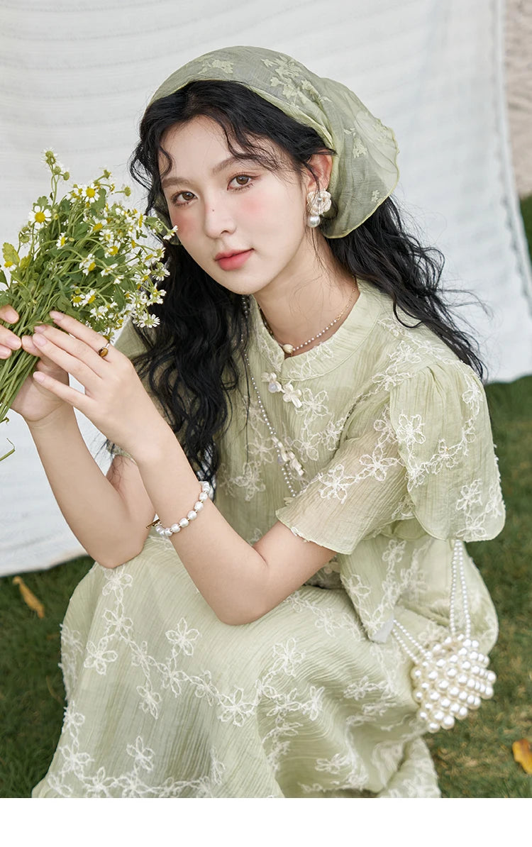 MISHOW Chinese Green Stand Collar Lotus Leaf Overlapping Sleeve Top Hem Stringy Selvedge Skirt Separately 2024 Summer MXD22X1388