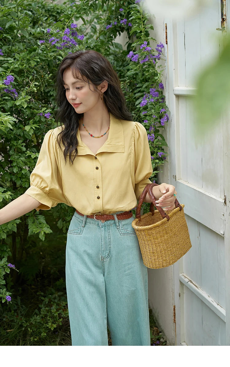 MISHOW Women's Short Sleeve Shirt Summer Thin Casual Simple Loose Elegant Blouses for Women 2024 Fashion Lapel Tops MXD28C0247