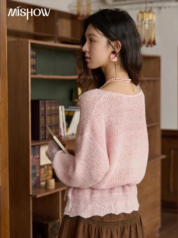 MISHOW Women's Pink Gradient Knitted Top 2025 Autumn French Wool Blend Ribbed Cuff Long Sleeve Tops with Knitted Rope MXE43Z1334