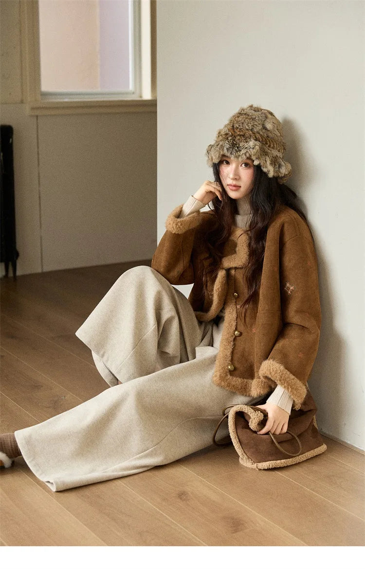 MISHOW Women Brown Jacket 2025 Winter Retro Stand Collar Single-Breasted Windproof Coat Comfortable Long-Sleeve Coat MXE86W0910