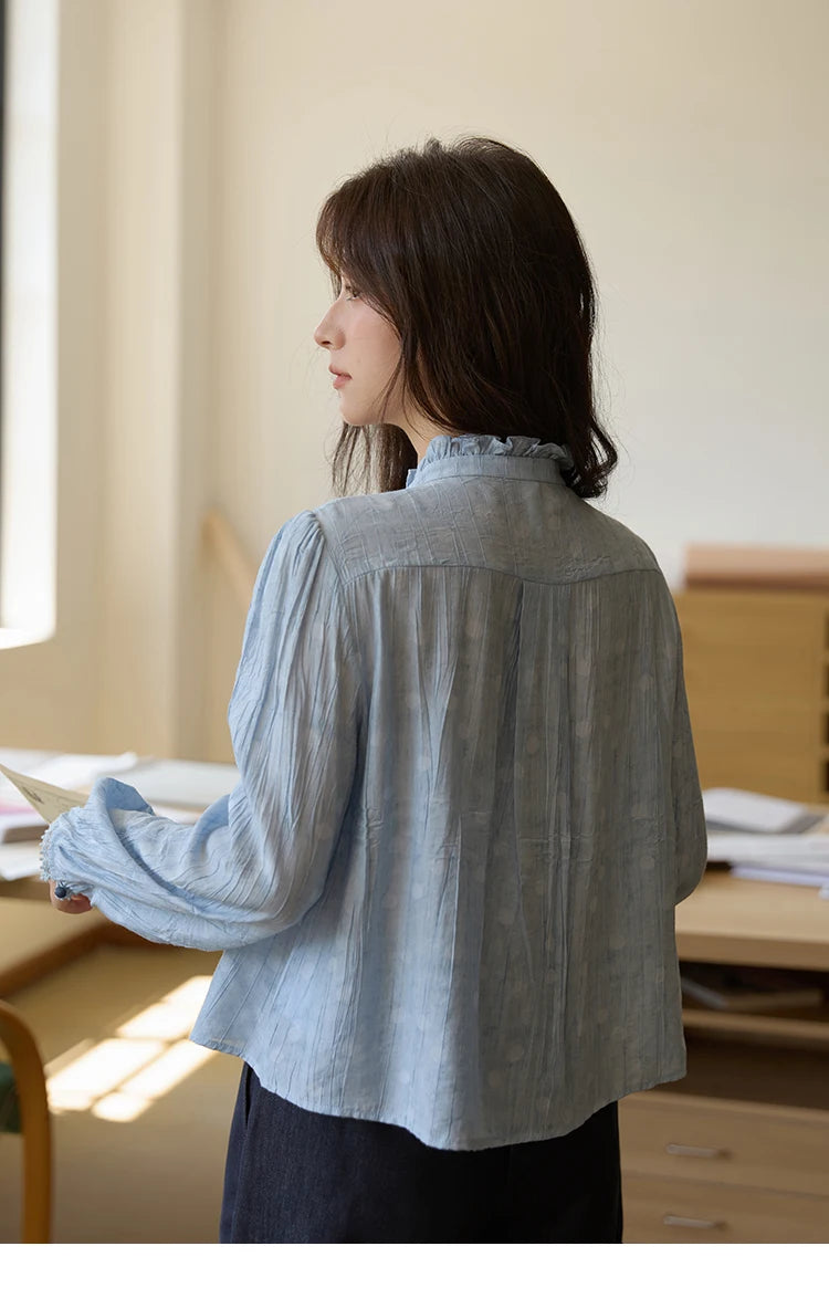 MISHOW Women's Shirt 2025 Autumn Blue Polka Dot Chiffon Loose Shirt Stand Collar Double Row Buckle Lantern Sleeve Top MXE41X1926