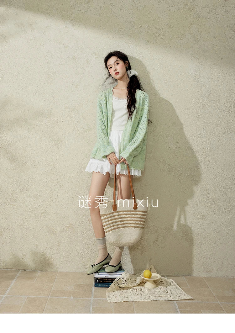 MISHOW Green Knitted Cardigan for Women Spring 2025 Loose Hollow Out Wave Neck Commuting Slim Open Stitch Cardigan MXE12Z1212