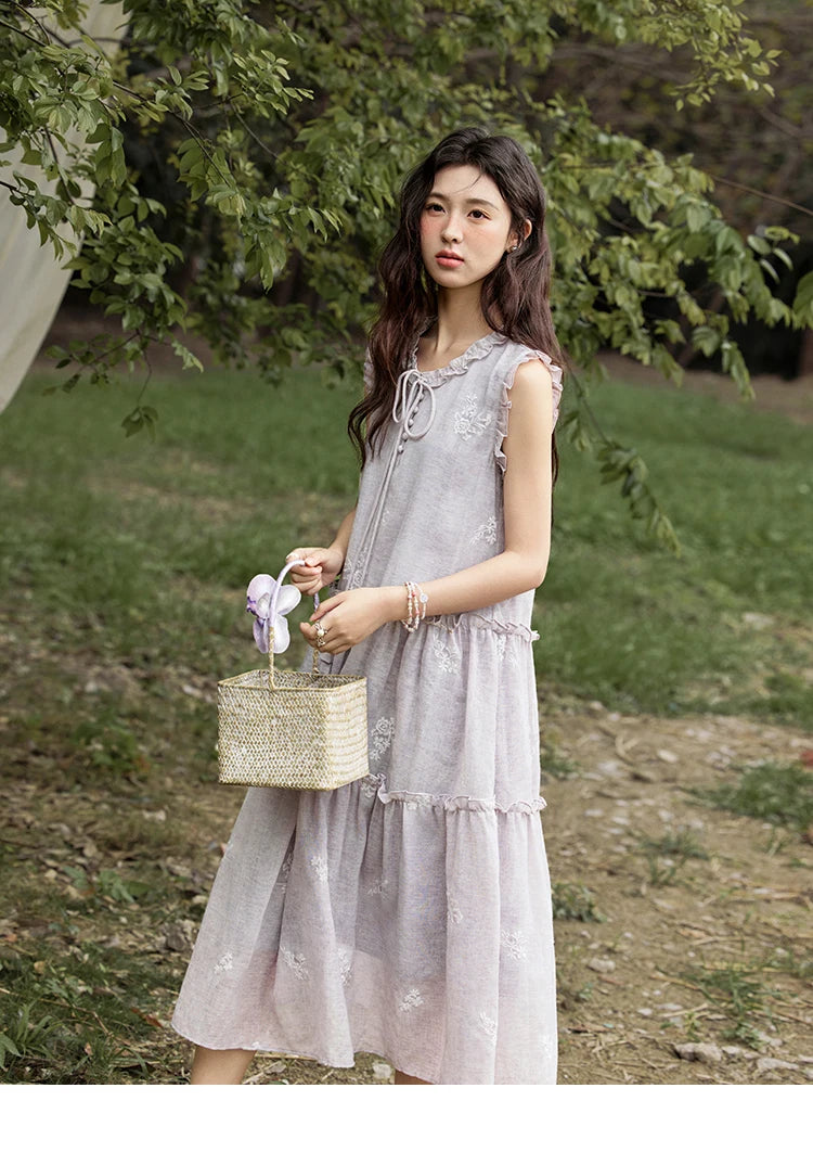 MISHOW Summer Embroidered Dress for Women 2025 New Round Neck Ruffled Sleeveless A-line Midi Dresses Female Fashion MXE33L2231