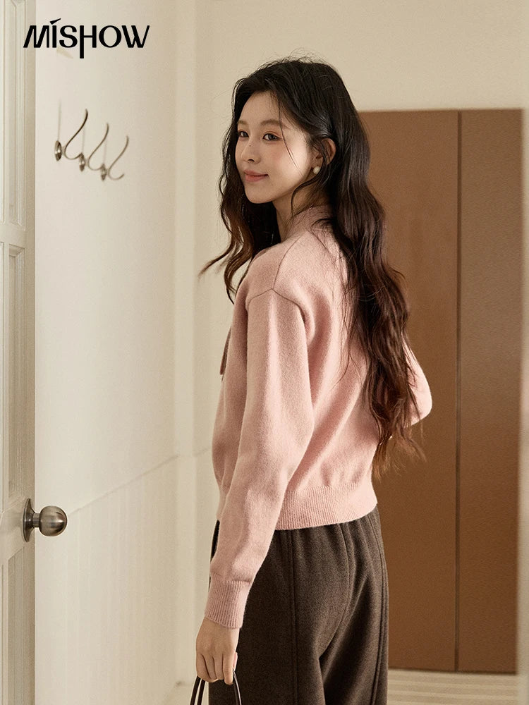 MISHOW Women's Pink Knit Cardigan 2025 Autumn Winter Dachshund Pattern Bow Collar Sweaters Single-breasted Loose Tops MXE94Z2997