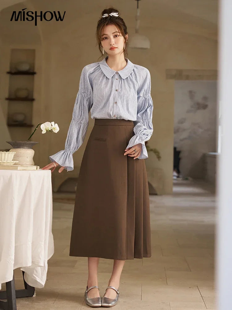 MISHOW Women's Blue Stripe Shirt 2024 Spring Fashion French Retro Bubble Sleeves Doll Neck Loose Tops Office Lady MXD12C0163