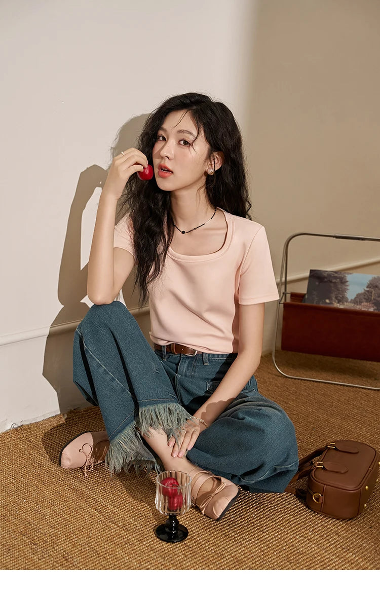 MISHOW Short Sleeve T-shirts Women Spring Solid Square-neck Top Elegant Woman Clothes Office Lady Cotton Tees MXC12T0641