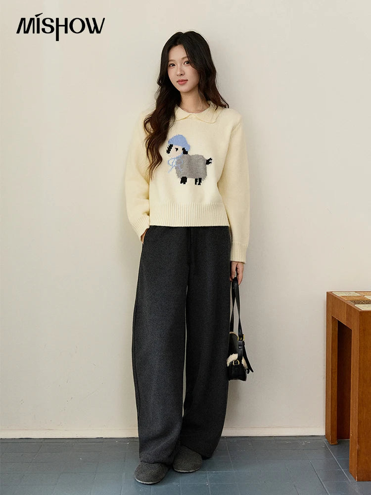 MISHOW Women's Beige White Knitted Sweater 2025 Autumn Winter Round Collar Sheep Pattern Loose Warm Pullover Sweaters MXE94Z2962