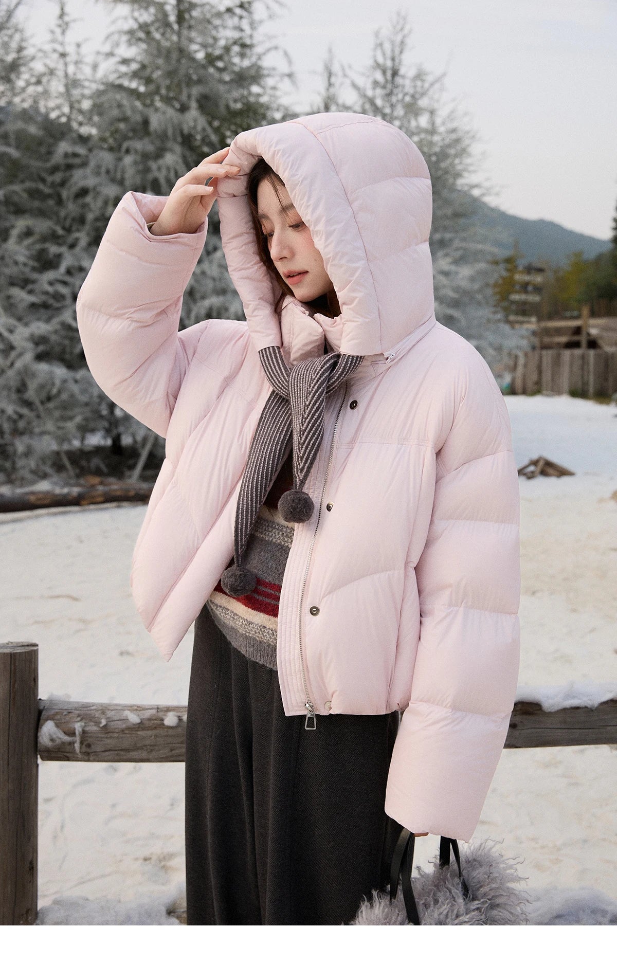 MISHOW Women's Pom-Pom Hooded Down Jacket 2025 Winter Sweet Short Lightweight Down Jackets Warm Windproof Coat MXE92Y0088