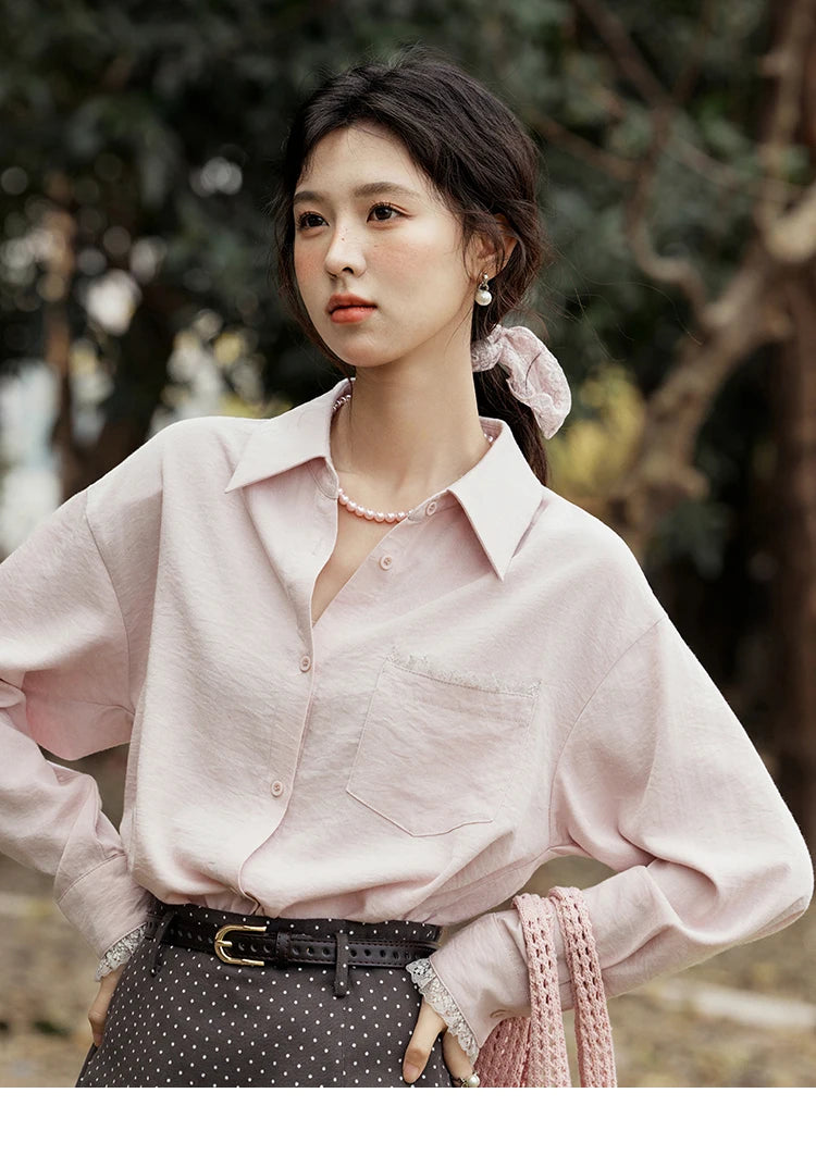 MISHOW French Spring Blouses Women 2025 New Long Sleeve Turn-down Collar Loose Shirts Female Fashion Lace Casual Tops MXE16C0760