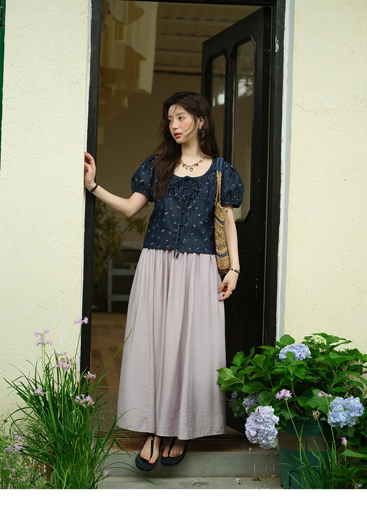 MISHOW Fashion Puff Sleeve Square Neck Blouse for Women 2025 Summer Lace Up Button Print Denim Top Women's Clothing MXE39X1933