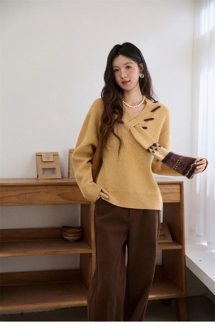 MISHOW Women V-neck Knit Top 2025 French-style Elegant Workwear Long-sleeved Yellow Pullover Women's Winter Clothing MXE87Z2771