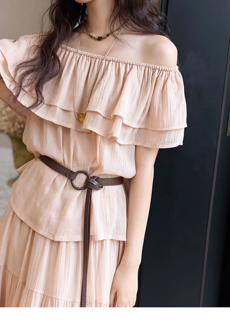 MISHOW Women Fashion Two-Piece Set 2025 Summer Loose Lotus Leaf Edge Off Shoulder Top Elastic Waist Skirt Ladies Set MXE36T0637